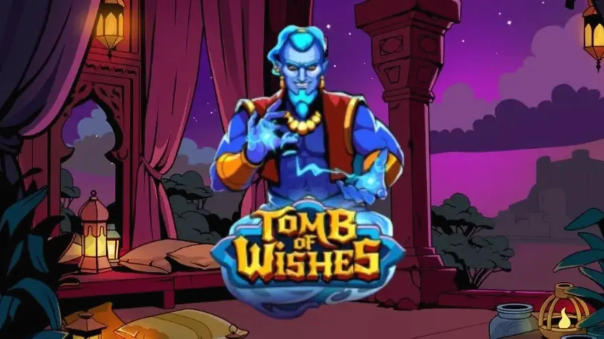 Tomb of Wishes slot machine screen with golden genie lamp and treasure chamber background