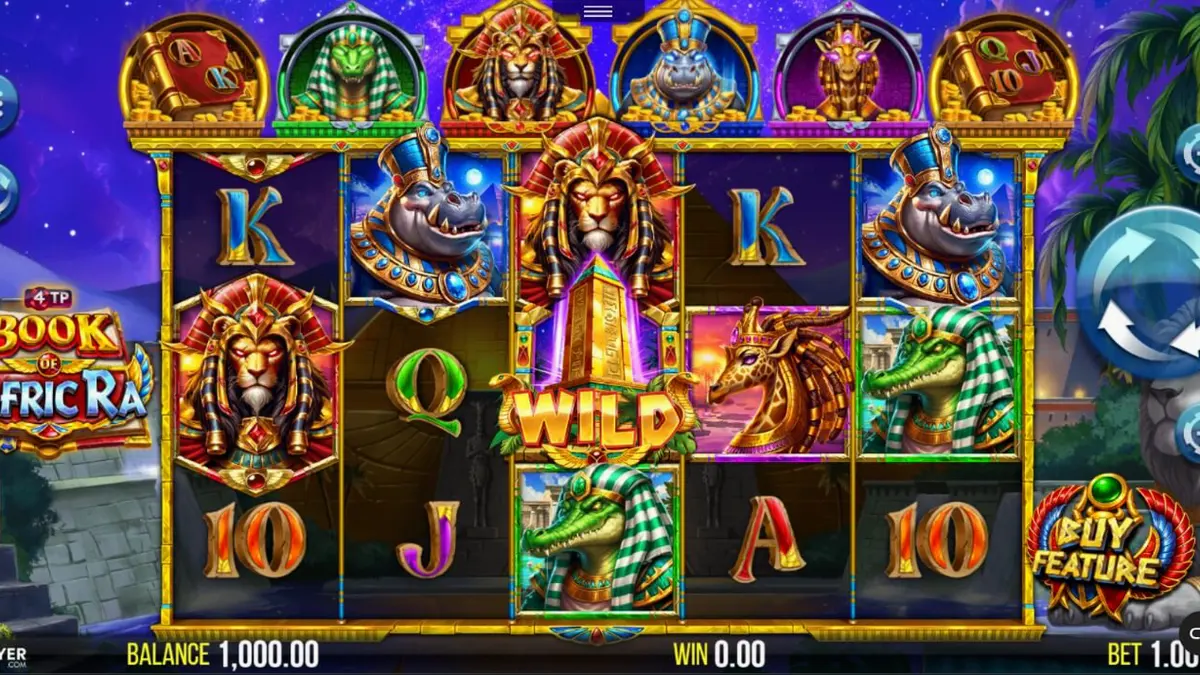 Pemandangan megah kuil Mesir Kuno dengan sentuhan tema hewan dalam slot 4TP Book of AfricRa