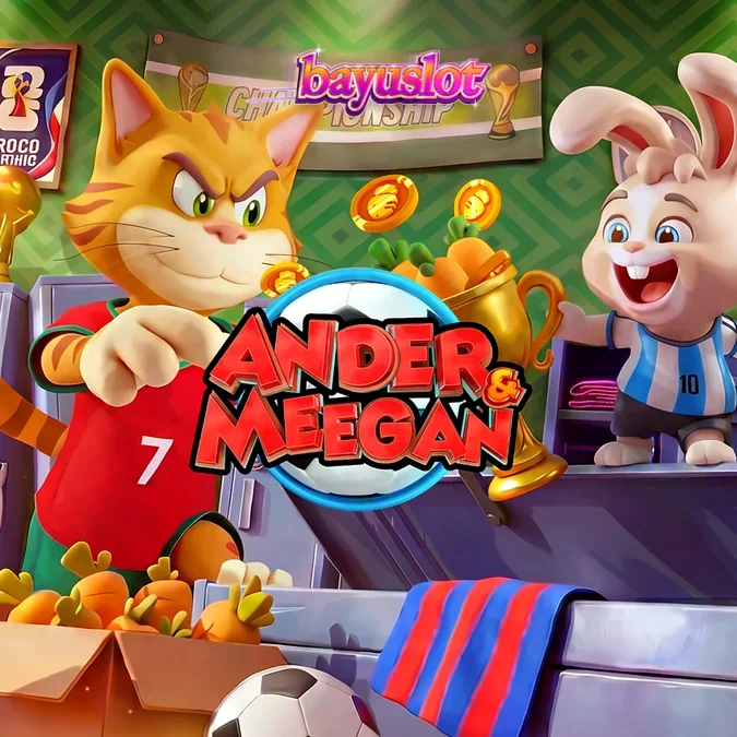 Tampilan visual grid 5x5 pada slot Ander & Meegan dengan simbol-simbol bertema sepak bola yang dinamis.
